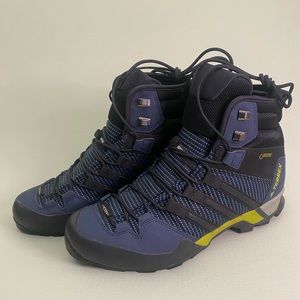 Adidas Terrex Scope High GTX.  US 8.5 EU 42.  Navy Blue and Black, yellow trim